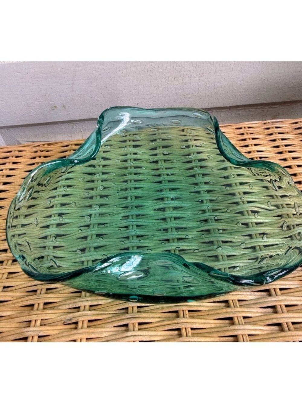 Vintage MCM Blue/Green Murano Bullicante Art Glass Ashtray Bowl 7.5"